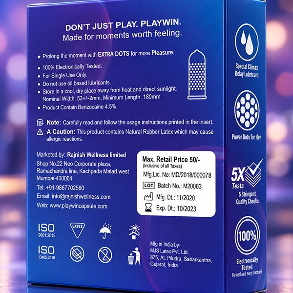 Playwin Extra Time Condoms – back of pack