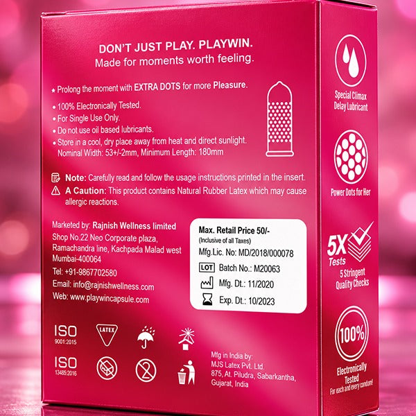 Playwin Strawberry Flavoured Condoms – back of pack