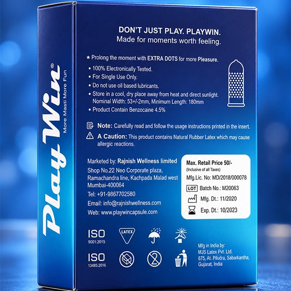 Playwin Ultra Thin With Extra Time Condoms – back of pack