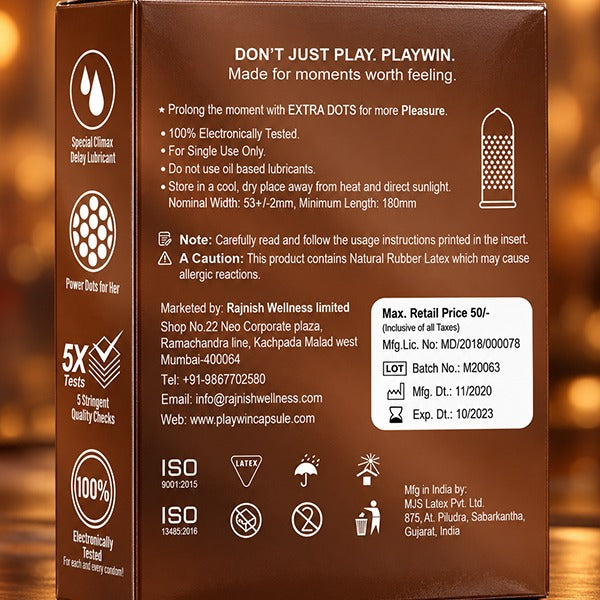 Playwin Chocolate Flavoured Condoms – back of pack